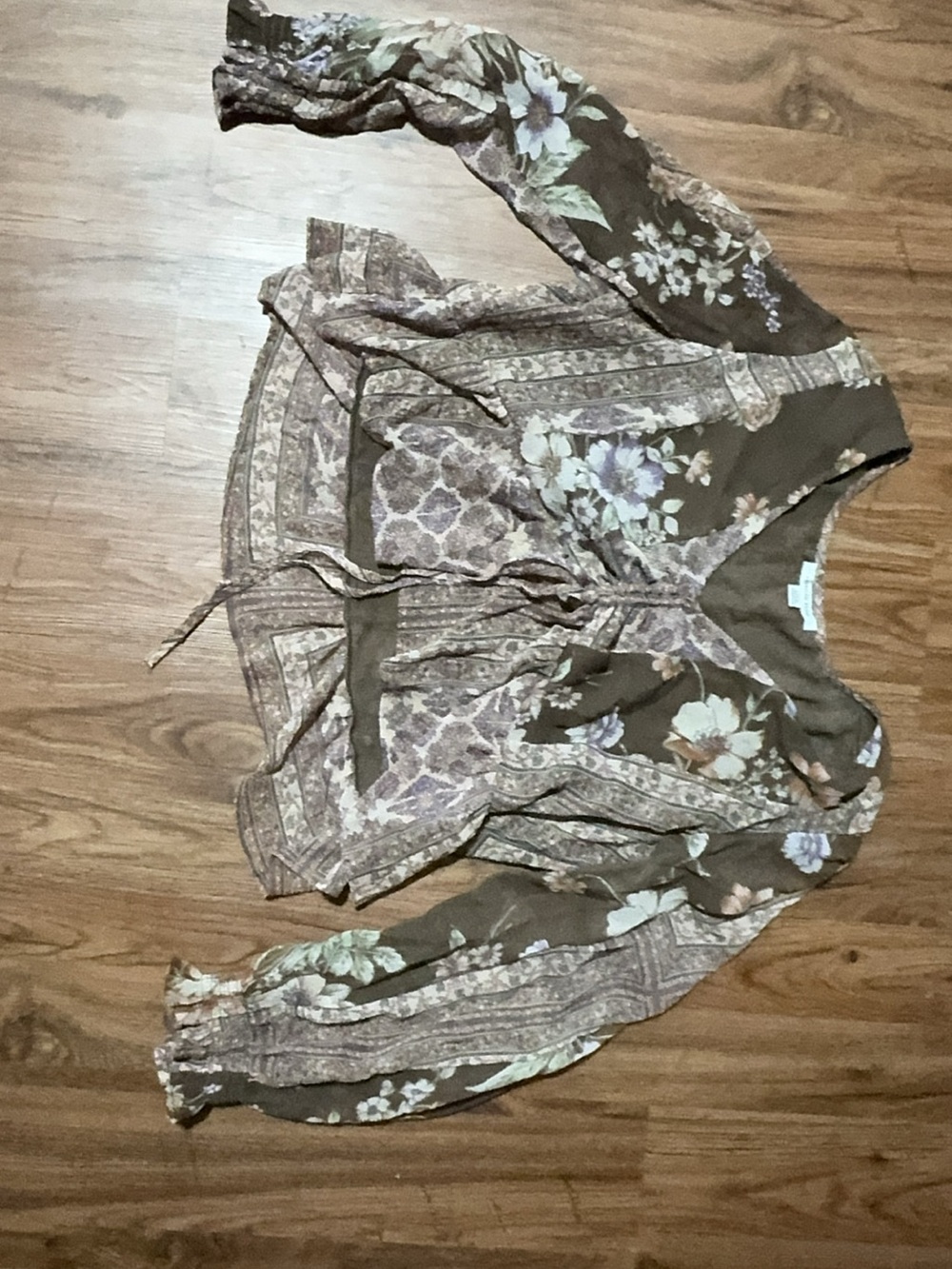 American Eagle Outfitters Brown Floral Tie-Front Peasant Blouse